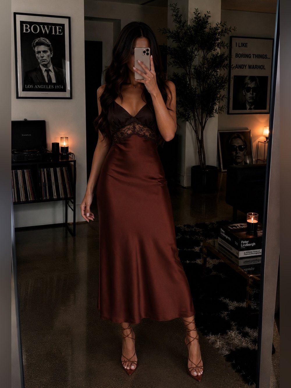 Abercrombie & Fitch Brown Satin Lace Panel Slip Dress Womens Medium New NWT